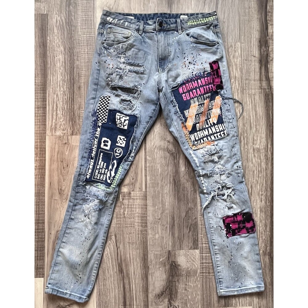 Smoke Rise Jeans Mens 34x32 Light Stone Washed Paint Graphic Patches Distressed